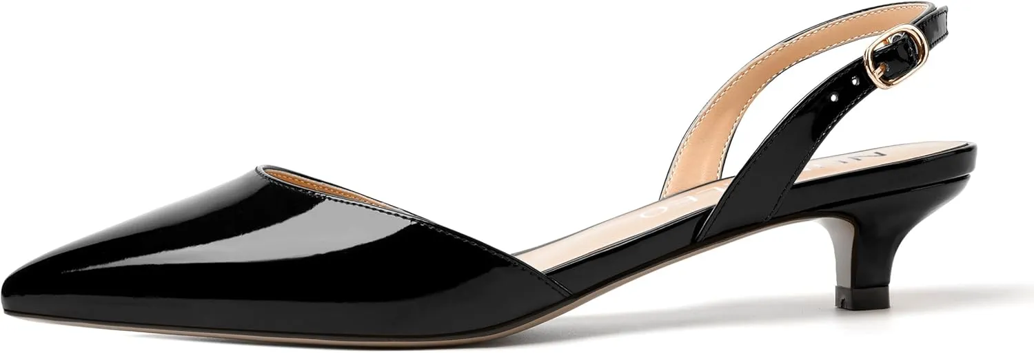 NUMALEO Womens Buckle Stylish Party Pointed Toe Backstrap Fashion Patent Kitten Low Heel Pumps Shoes 1.5 Inch