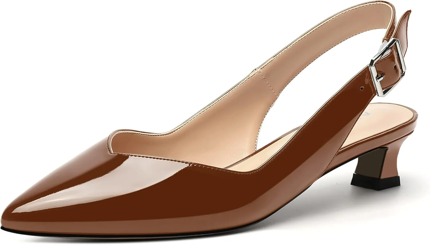 NUMALEO Womens Patent Slingback Solid Pointed Toe Buckle Fashion Night Club Spool Low Heel Pumps Shoes 1.5 Inch