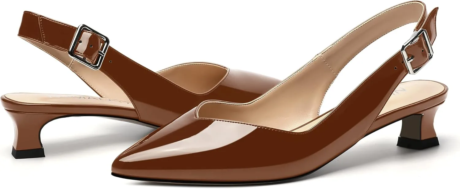 NUMALEO Womens Patent Slingback Solid Pointed Toe Buckle Fashion Night Club Spool Low Heel Pumps Shoes 1.5 Inch