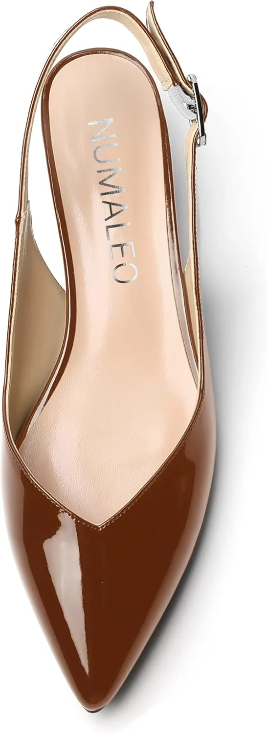 NUMALEO Womens Patent Slingback Solid Pointed Toe Buckle Fashion Night Club Spool Low Heel Pumps Shoes 1.5 Inch