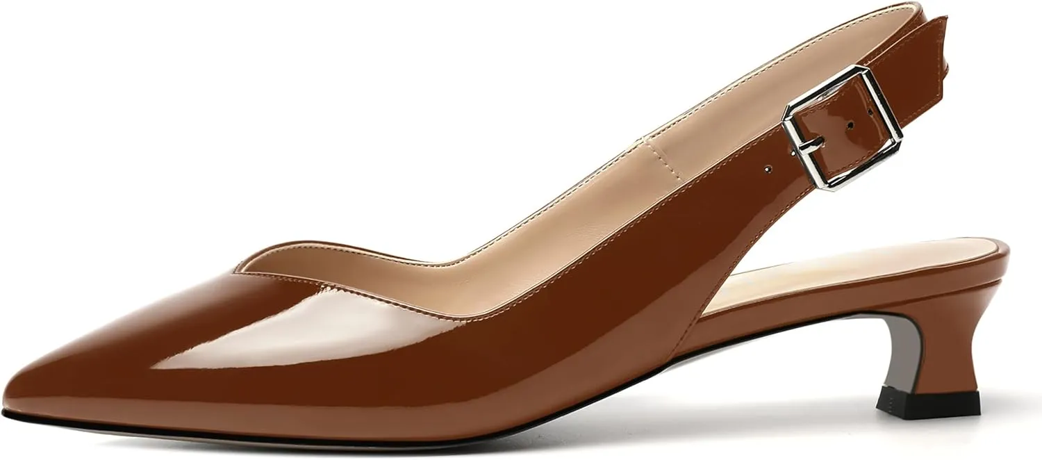 NUMALEO Womens Patent Slingback Solid Pointed Toe Buckle Fashion Night Club Spool Low Heel Pumps Shoes 1.5 Inch