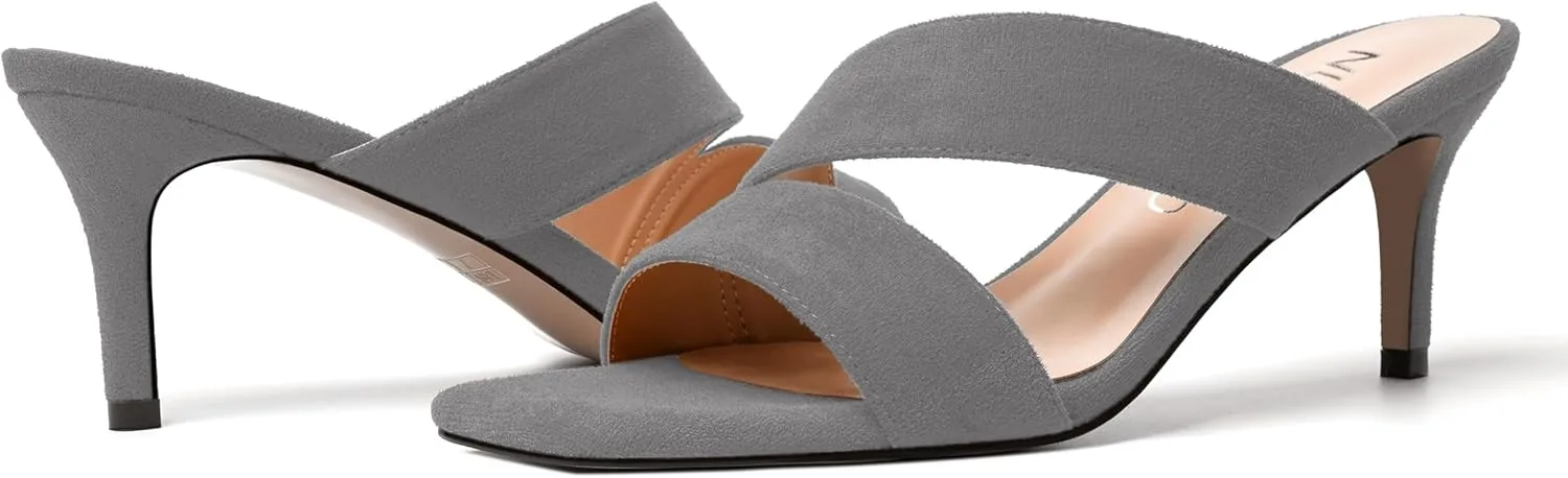 NUMALEO Womens Square Toe Suede Dress Slip On Stylish Party Stiletto Mid Heel Heeled Sandals 2.5 Inch