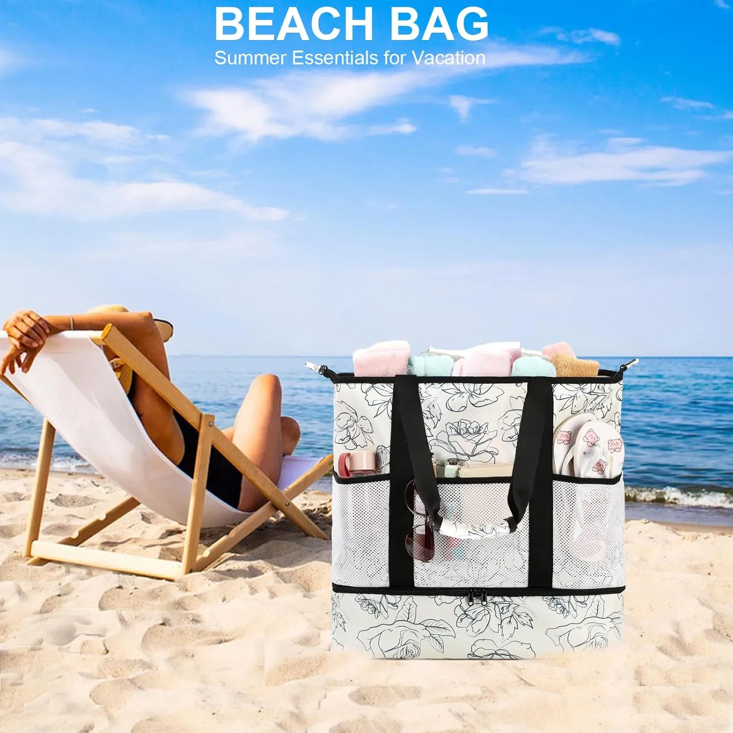 Octsky Beach Bag Tote Pool Bag with Cooler 9 Pockets Zipper Waterproof Sandproof Leakproof Xl Beach Bags for Women