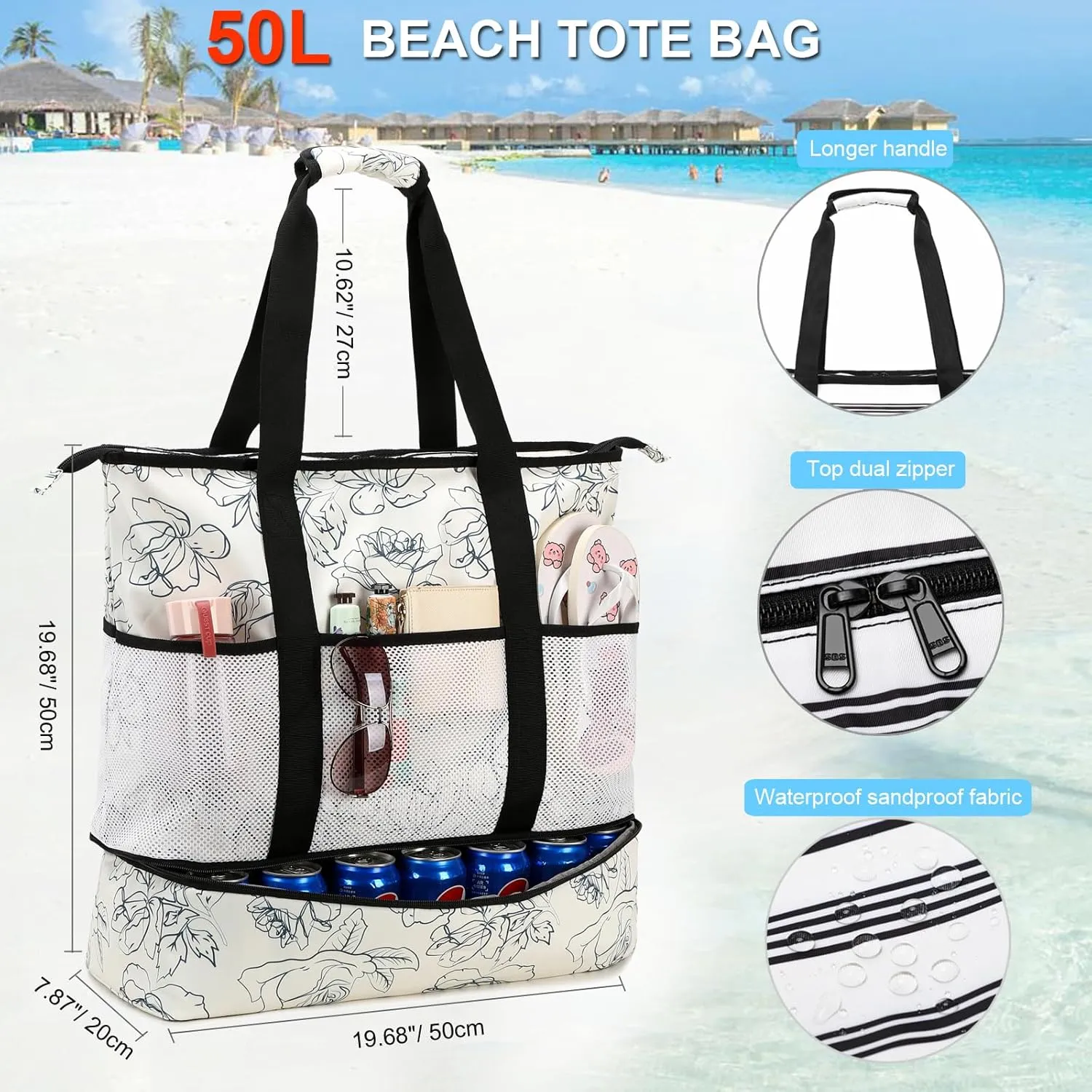 Octsky Beach Bag Tote Pool Bag with Cooler 9 Pockets Zipper Waterproof Sandproof Leakproof Xl Beach Bags for Women