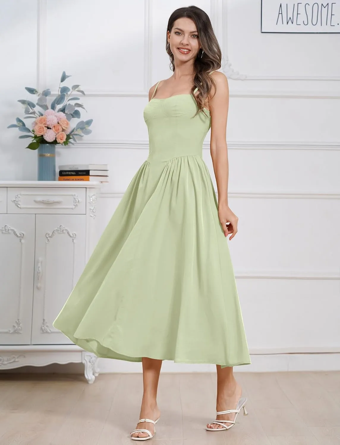 ODIZLI Womens Corset Dress Summer Sundress Spaghetti Straps Low Cut Bustier Cami Midi Dress with Pockets Solid/Floral Print