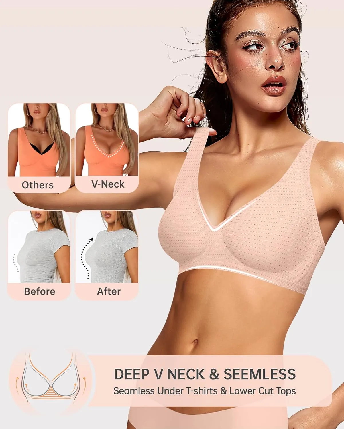 OEAK Womens Deep V Bras Wireless Comfortable Bra Supportive No Underwire Bras Tshirt Push Up Bralettes Plunge Seamless Bra