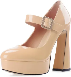Oh Mispares Women's Chunky Heel Mary Jane Pumps Closed Toe Thick Sole Platform Adjustable Ankle Strap Block High Heeled Pumps Patent Dress Casual Wedding Heels 5 Inch