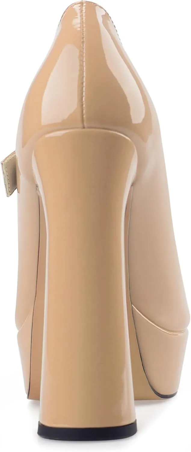 Oh Mispares Women's Chunky Heel Mary Jane Pumps Closed Toe Thick Sole Platform Adjustable Ankle Strap Block High Heeled Pumps Patent Dress Casual Wedding Heels 5 Inch
