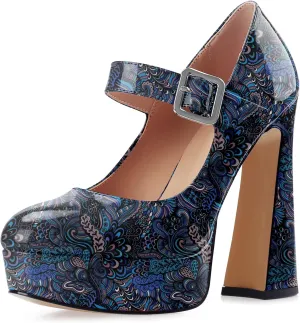 Oh Mispares Women's Chunky Heel Mary Jane Pumps Closed Toe Thick Sole Platform Adjustable Ankle Strap Block High Heeled Pumps Patent Dress Casual Wedding Heels 5 Inch
