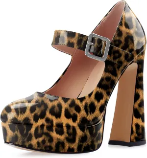 Oh Mispares Women's Chunky Heel Mary Jane Pumps Closed Toe Thick Sole Platform Adjustable Ankle Strap Block High Heeled Pumps Patent Dress Casual Wedding Heels 5 Inch