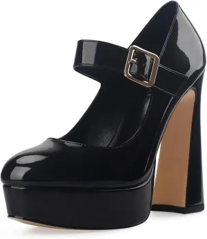 Oh Mispares Women's Chunky Heel Mary Jane Pumps Closed Toe Thick Sole Platform Adjustable Ankle Strap Block High Heeled Pumps Patent Dress Casual Wedding Heels 5 Inch
