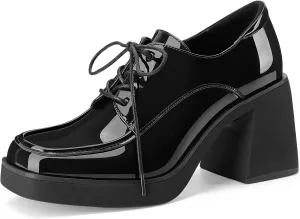 Oh Mispares Women's Chunky Heeled Oxfords Square Toe Platform Oxford Shoes for Women Lace-up Patent Leather Shoes Comfortable Business Dress Pump Shoes for Work
