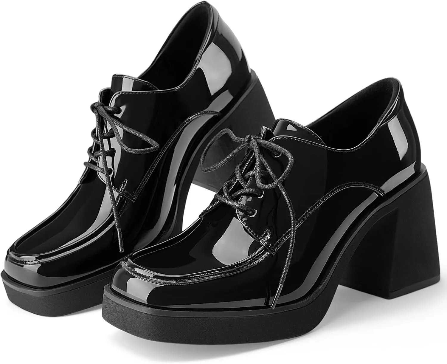 Oh Mispares Women's Chunky Heeled Oxfords Square Toe Platform Oxford Shoes for Women Lace-up Patent Leather Shoes Comfortable Business Dress Pump Shoes for Work