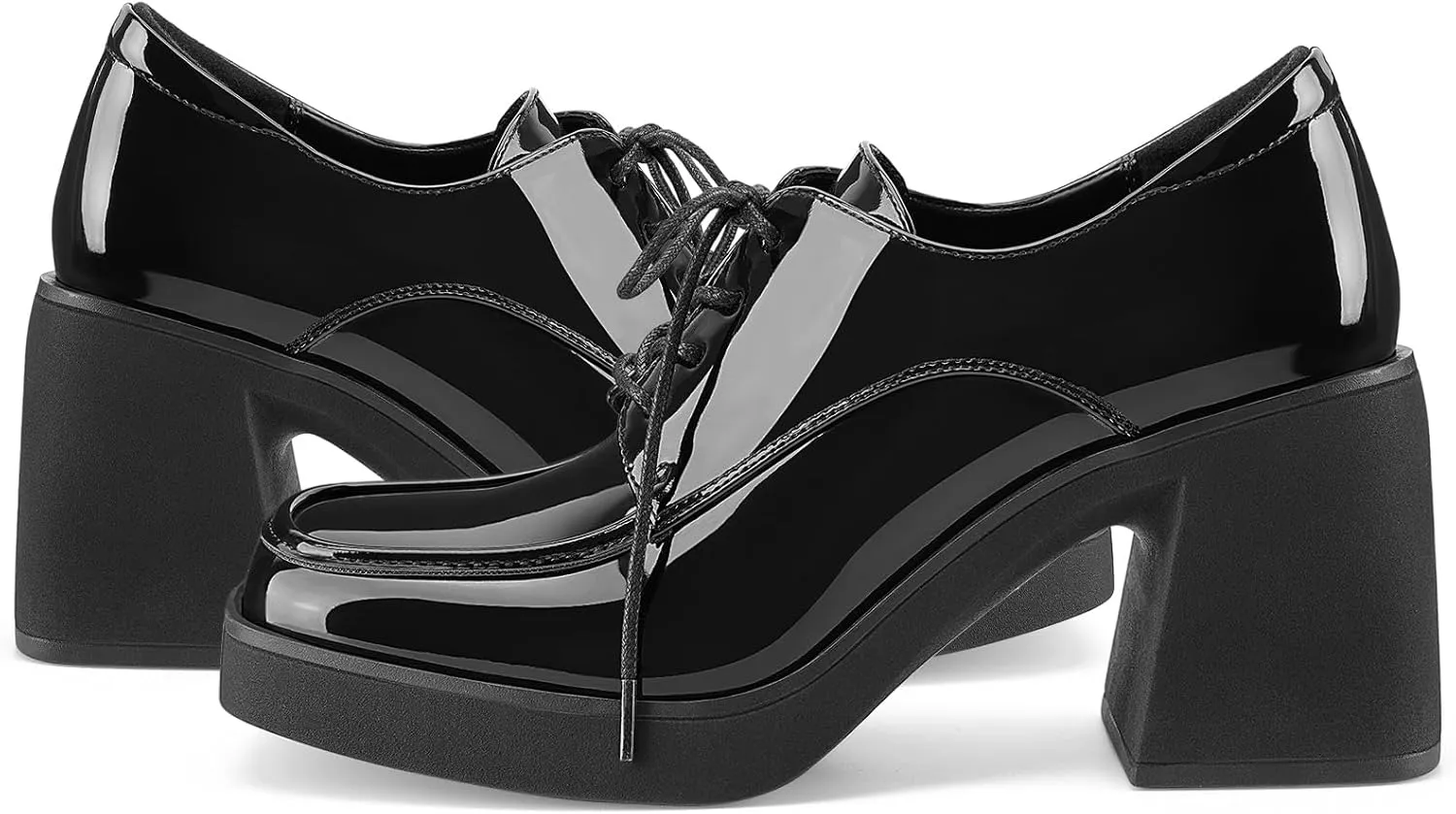Oh Mispares Women's Chunky Heeled Oxfords Square Toe Platform Oxford Shoes for Women Lace-up Patent Leather Shoes Comfortable Business Dress Pump Shoes for Work