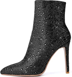 olomisa Sparkly Boots for Women, Rhinestone Knee High Boots Pointed Toe Stiletto Heeled Ankle Booties Bling Sparkling Boots