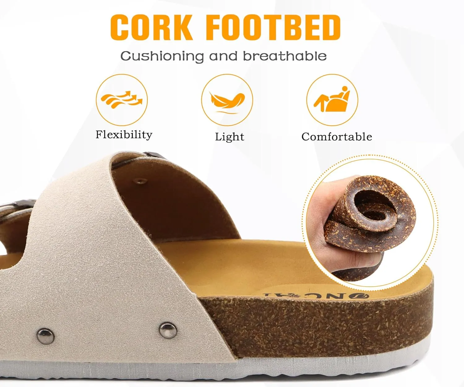 ONCAI Womens Flat Slide Sandals with Arch Support 2 Strap Adjustable Buckle Slip on Slides Shoes Non Slip Rubber Sole