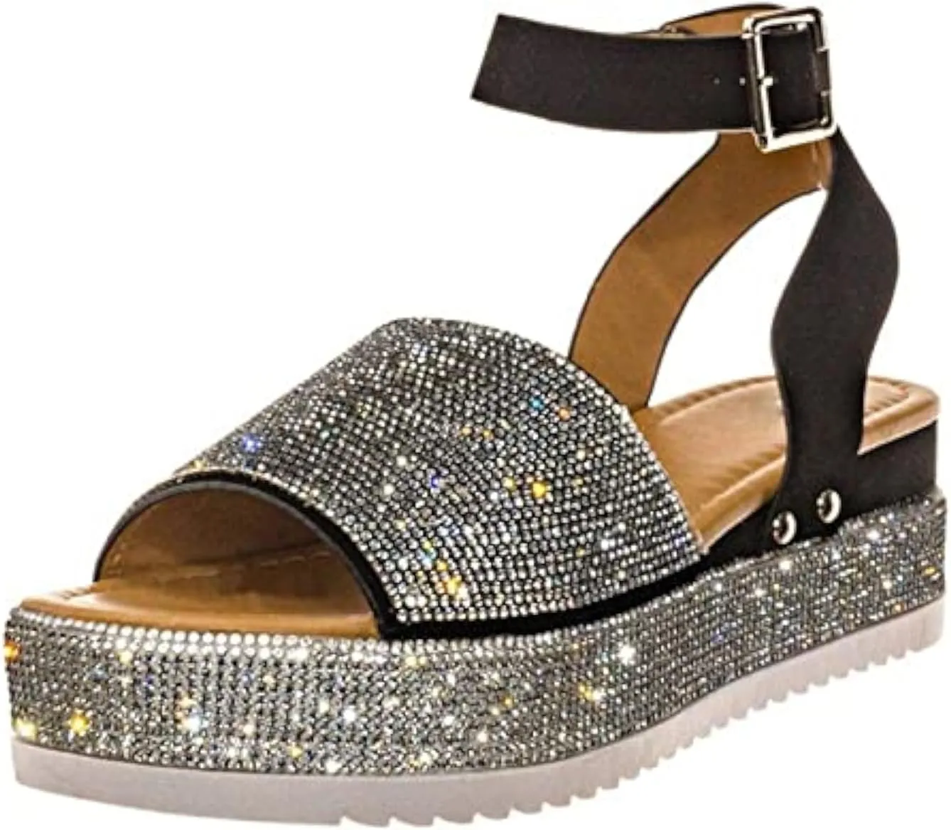 ORNVEION Women's Shiny Rhinestone Ankle Strap Platform Sandal,Boho Crystal Wedges Open Toe Dress Sandals Casual Beach Banquet Flat Shoes