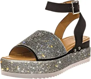 ORNVEION Women's Shiny Rhinestone Ankle Strap Platform Sandal,Boho Crystal Wedges Open Toe Dress Sandals Casual Beach Banquet Flat Shoes