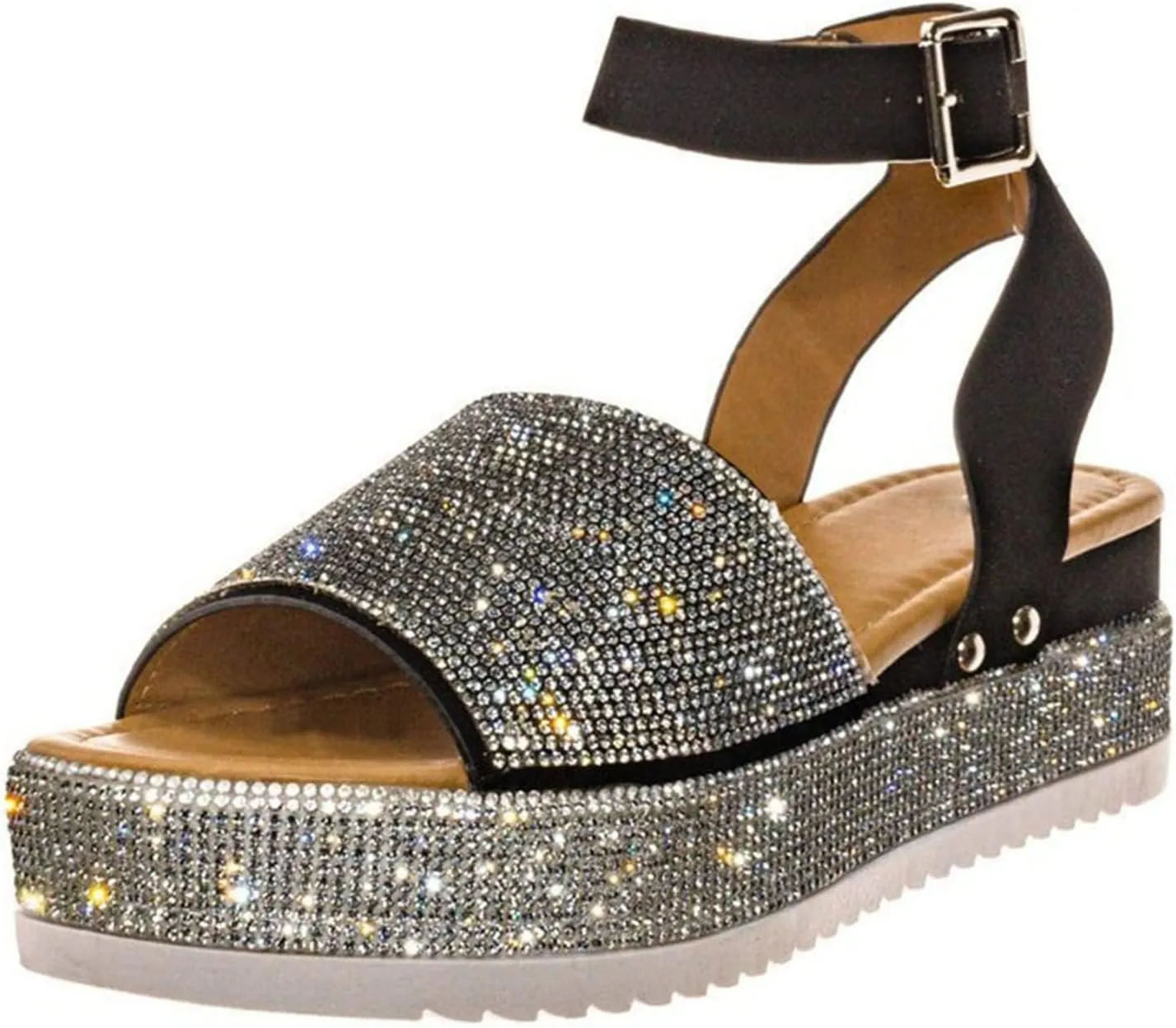 ORNVEION Women's Shiny Rhinestone Ankle Strap Platform Sandal,Boho Crystal Wedges Open Toe Dress Sandals Casual Beach Banquet Flat Shoes
