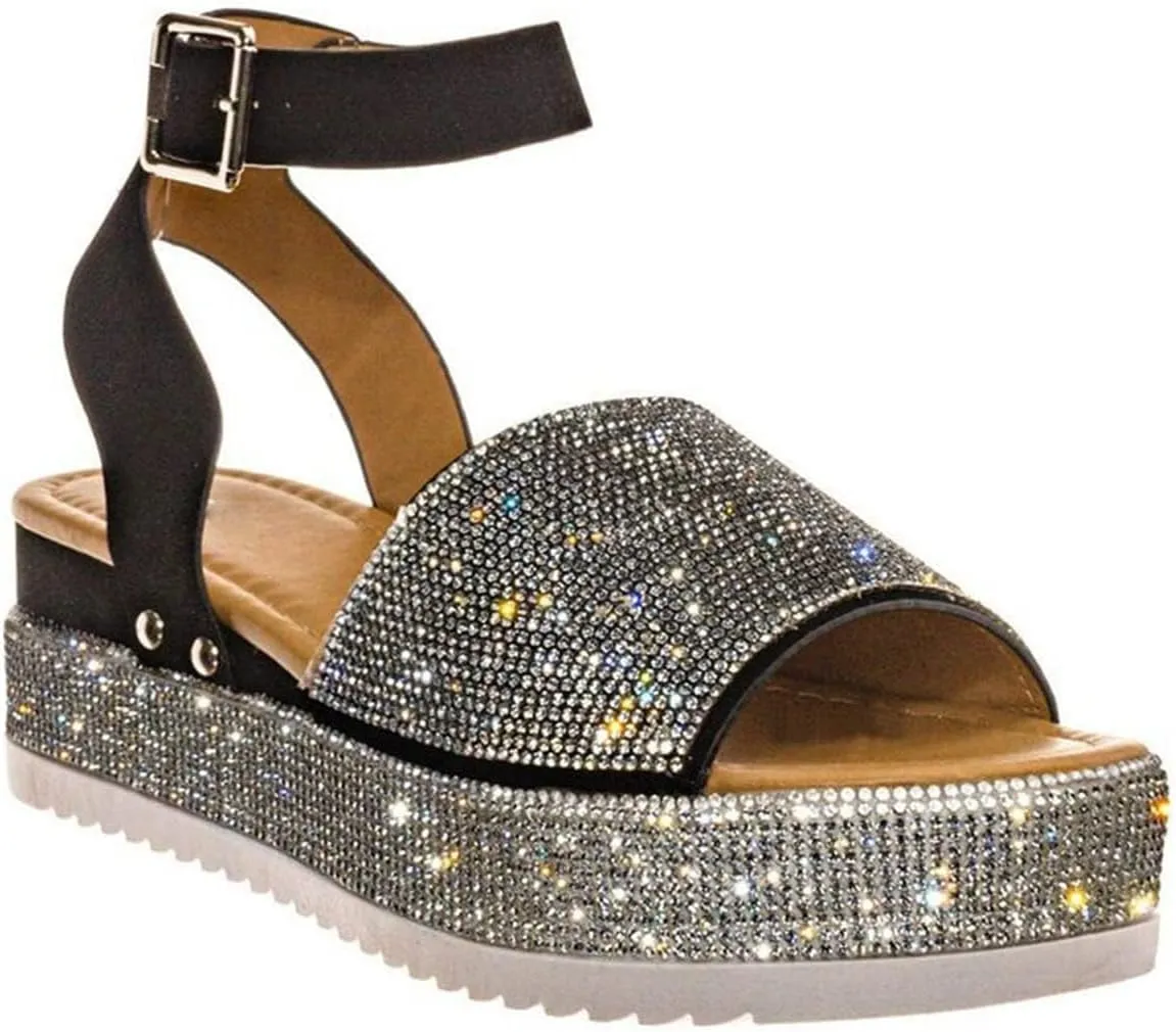 ORNVEION Women's Shiny Rhinestone Ankle Strap Platform Sandal,Boho Crystal Wedges Open Toe Dress Sandals Casual Beach Banquet Flat Shoes