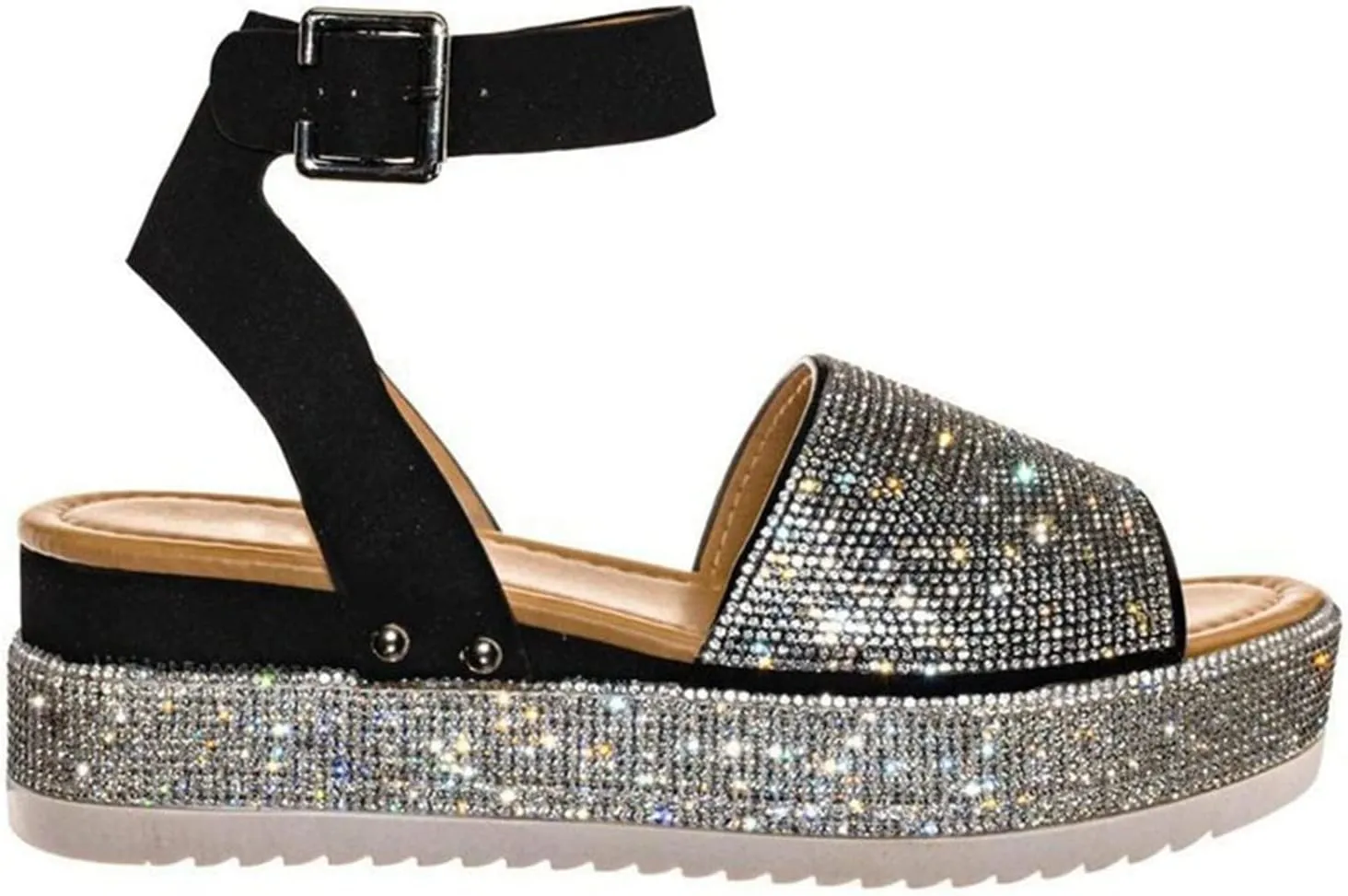 ORNVEION Women's Shiny Rhinestone Ankle Strap Platform Sandal,Boho Crystal Wedges Open Toe Dress Sandals Casual Beach Banquet Flat Shoes