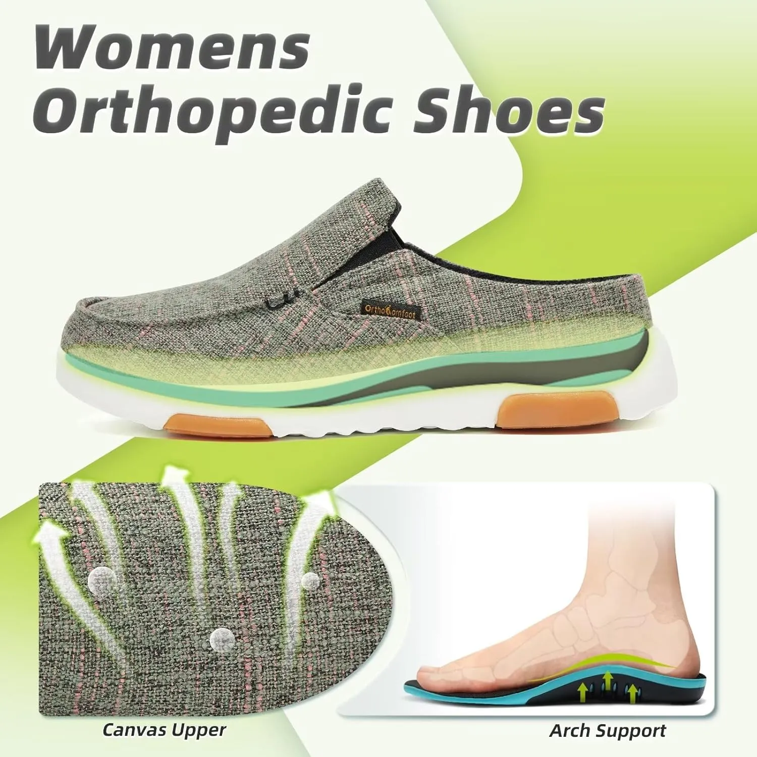 OrthoComfoot Women's Orthopedic Slip-On Loafers Walking Shoes: Comfortable Arch Support Slippers for Plantar Fasciitis, Casual Canvas Orthotic Mule Clogs for Foot Heel Pain Relief