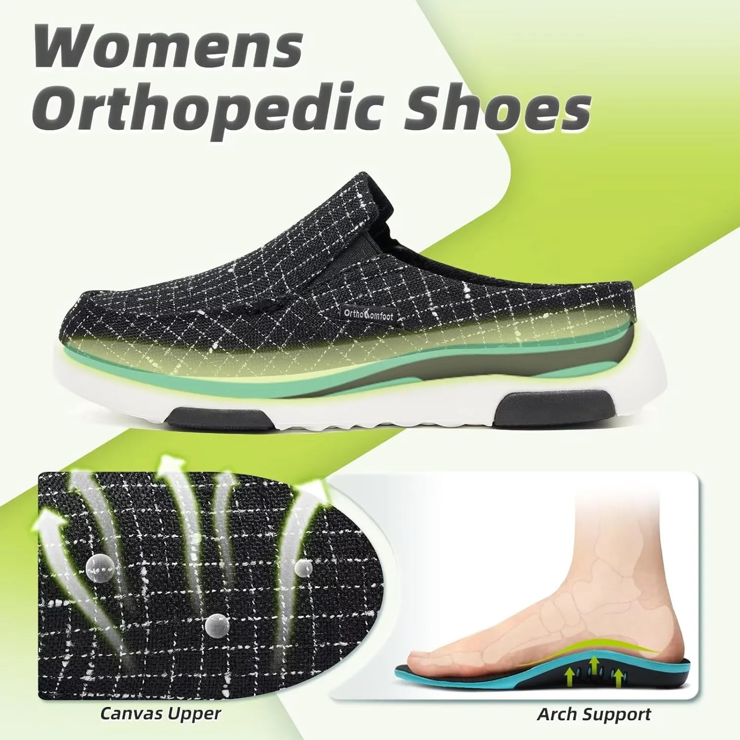 OrthoComfoot Women's Orthopedic Slip-On Loafers Walking Shoes: Comfortable Arch Support Slippers for Plantar Fasciitis, Casual Canvas Orthotic Mule Clogs for Foot Heel Pain Relief