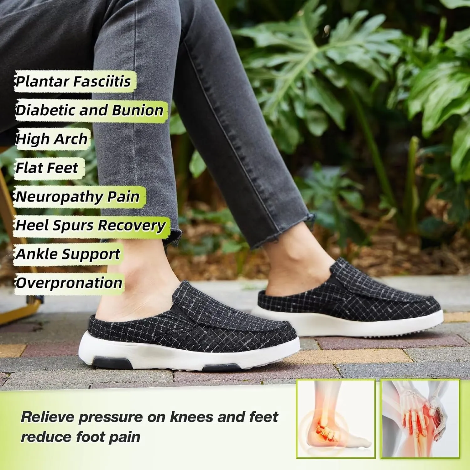 OrthoComfoot Women's Orthopedic Slip-On Loafers Walking Shoes: Comfortable Arch Support Slippers for Plantar Fasciitis, Casual Canvas Orthotic Mule Clogs for Foot Heel Pain Relief