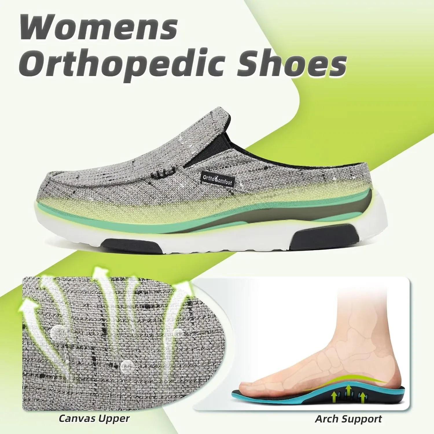 OrthoComfoot Women's Orthopedic Slip-On Loafers Walking Shoes: Comfortable Arch Support Slippers for Plantar Fasciitis, Casual Canvas Orthotic Mule Clogs for Foot Heel Pain Relief