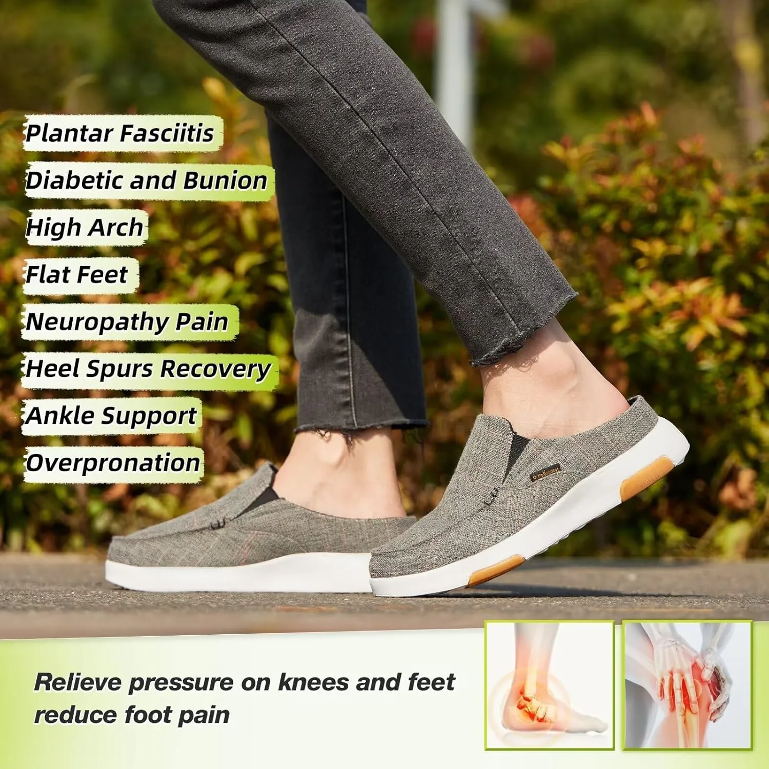 OrthoComfoot Women's Orthopedic Slip-On Loafers Walking Shoes: Comfortable Arch Support Slippers for Plantar Fasciitis, Casual Canvas Orthotic Mule Clogs for Foot Heel Pain Relief