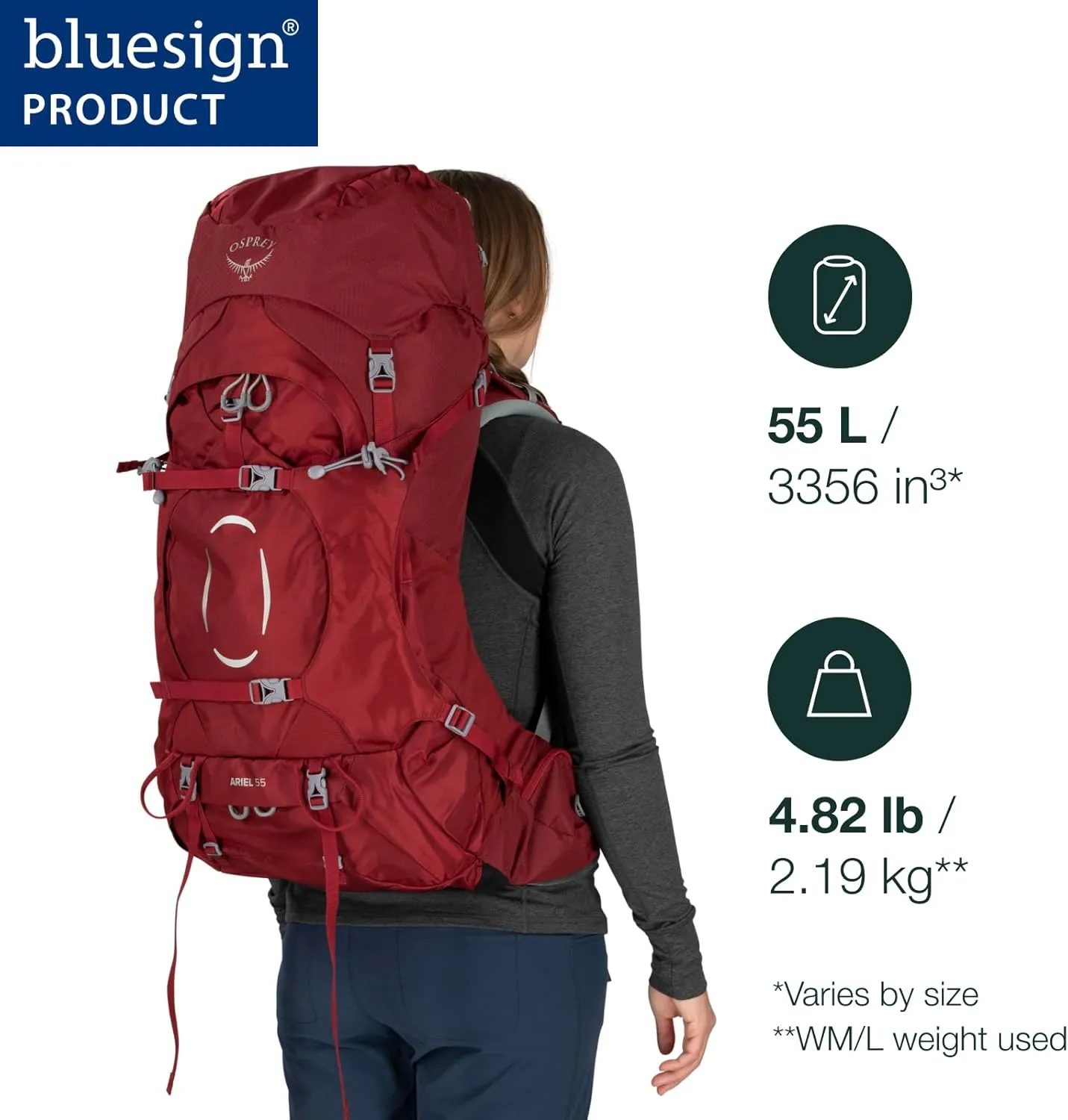 Osprey Ariel 55L Women's Backpacking Backpack, Claret Red, WM/L