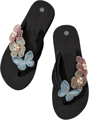 OYOANGLE Women's Pearl Floral Appliques Platform Flip Flops Fashionable Lightweight Wedge Thong Sandals