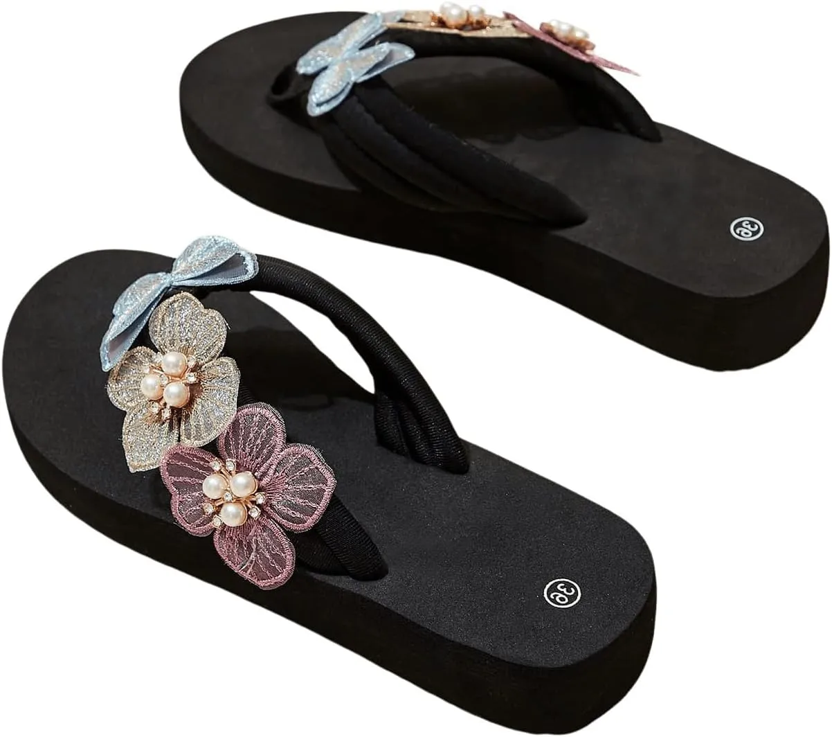 OYOANGLE Women's Pearl Floral Appliques Platform Flip Flops Fashionable Lightweight Wedge Thong Sandals