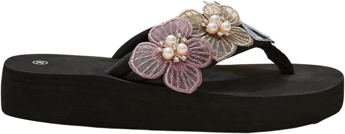 OYOANGLE Women's Pearl Floral Appliques Platform Flip Flops Fashionable Lightweight Wedge Thong Sandals