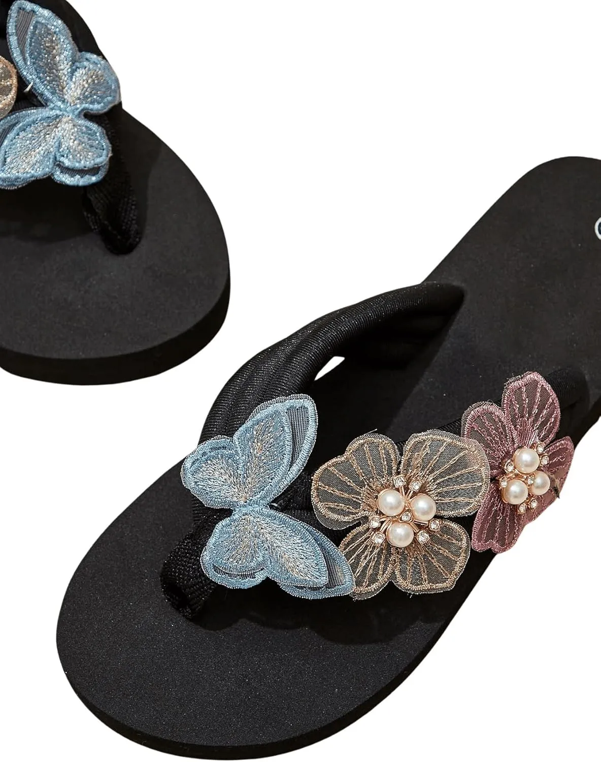 OYOANGLE Women's Pearl Floral Appliques Platform Flip Flops Fashionable Lightweight Wedge Thong Sandals