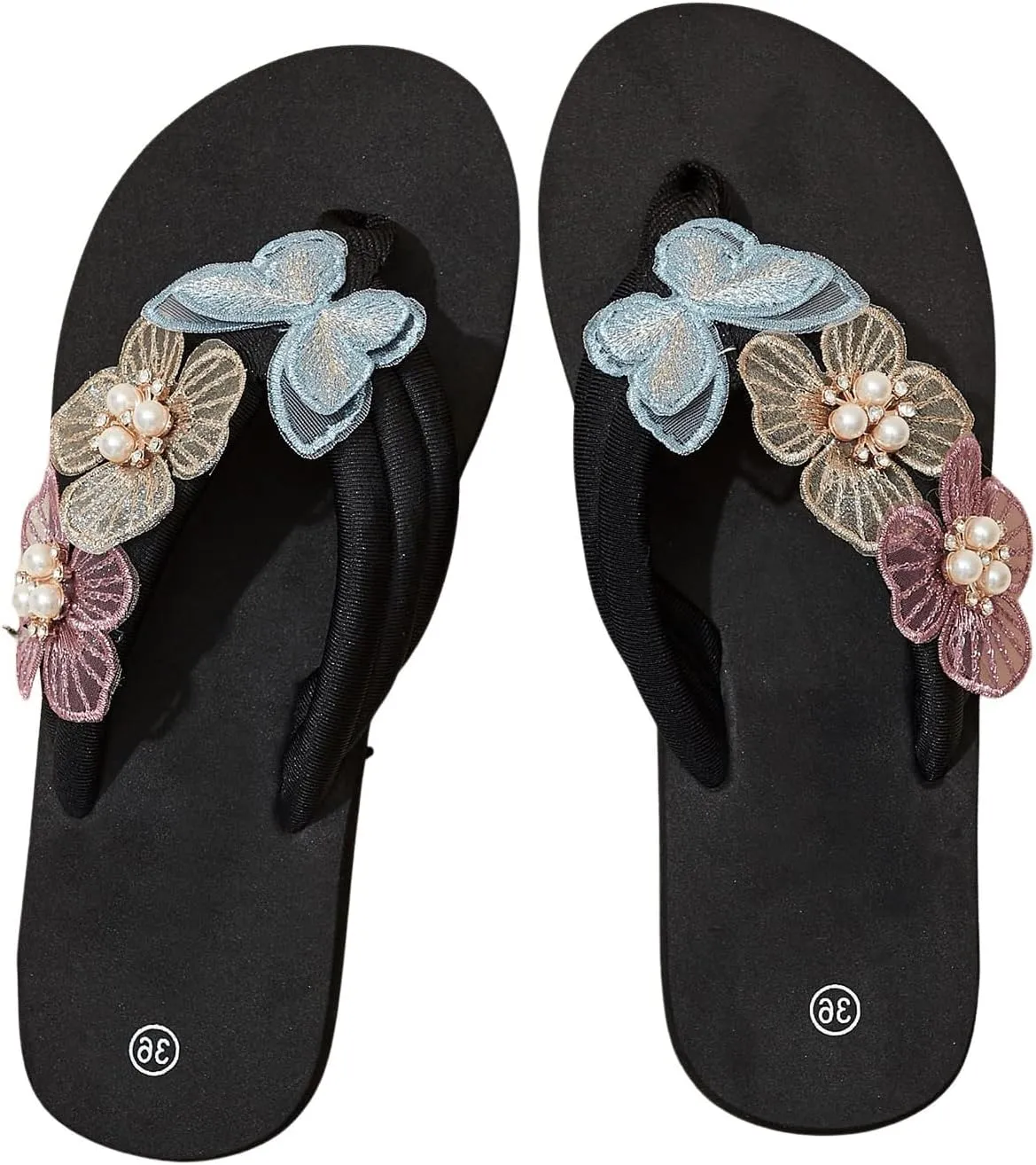 OYOANGLE Women's Pearl Floral Appliques Platform Flip Flops Fashionable Lightweight Wedge Thong Sandals