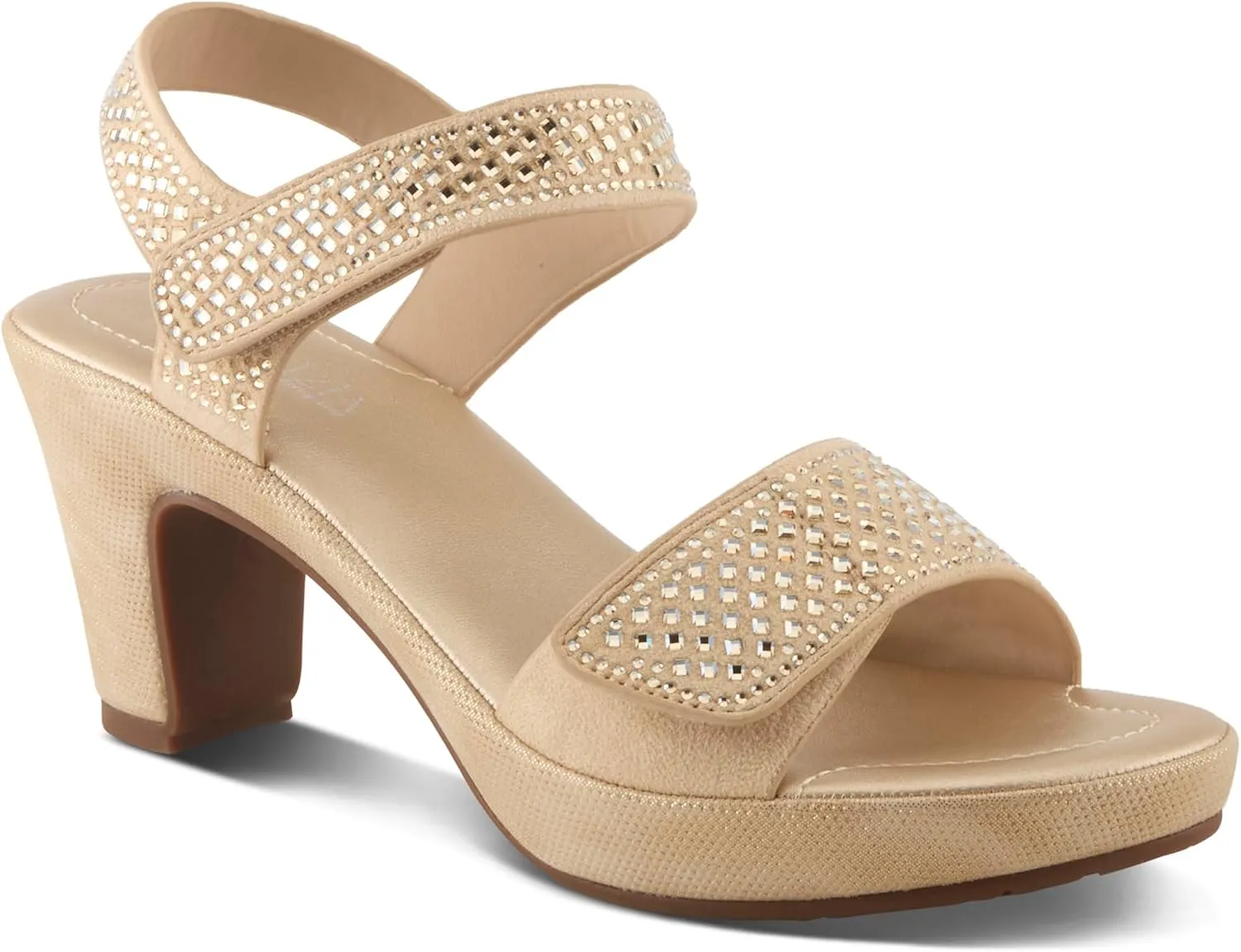 PATRIZIA Women's SHINE Hook and Loop Platform Heels - Microsuede Upper, Crystal-Adorned Straps, Adjustable Fit