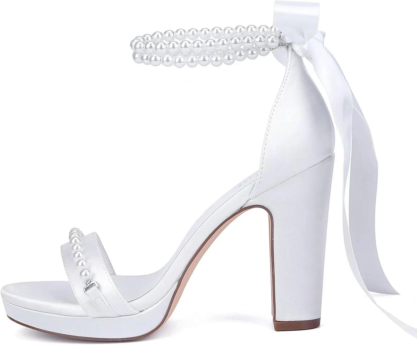 Pearl Wedding Shoes for Bride High Heel Platform Wedding Sandals Chunky Heel Bridal Shoes
