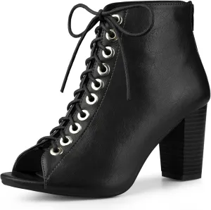 Perphy Peep Toe Lace Up Chunky Heel Ankle Boots for Women