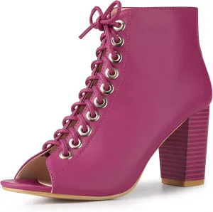 Perphy Peep Toe Lace Up Chunky Heel Ankle Boots for Women
