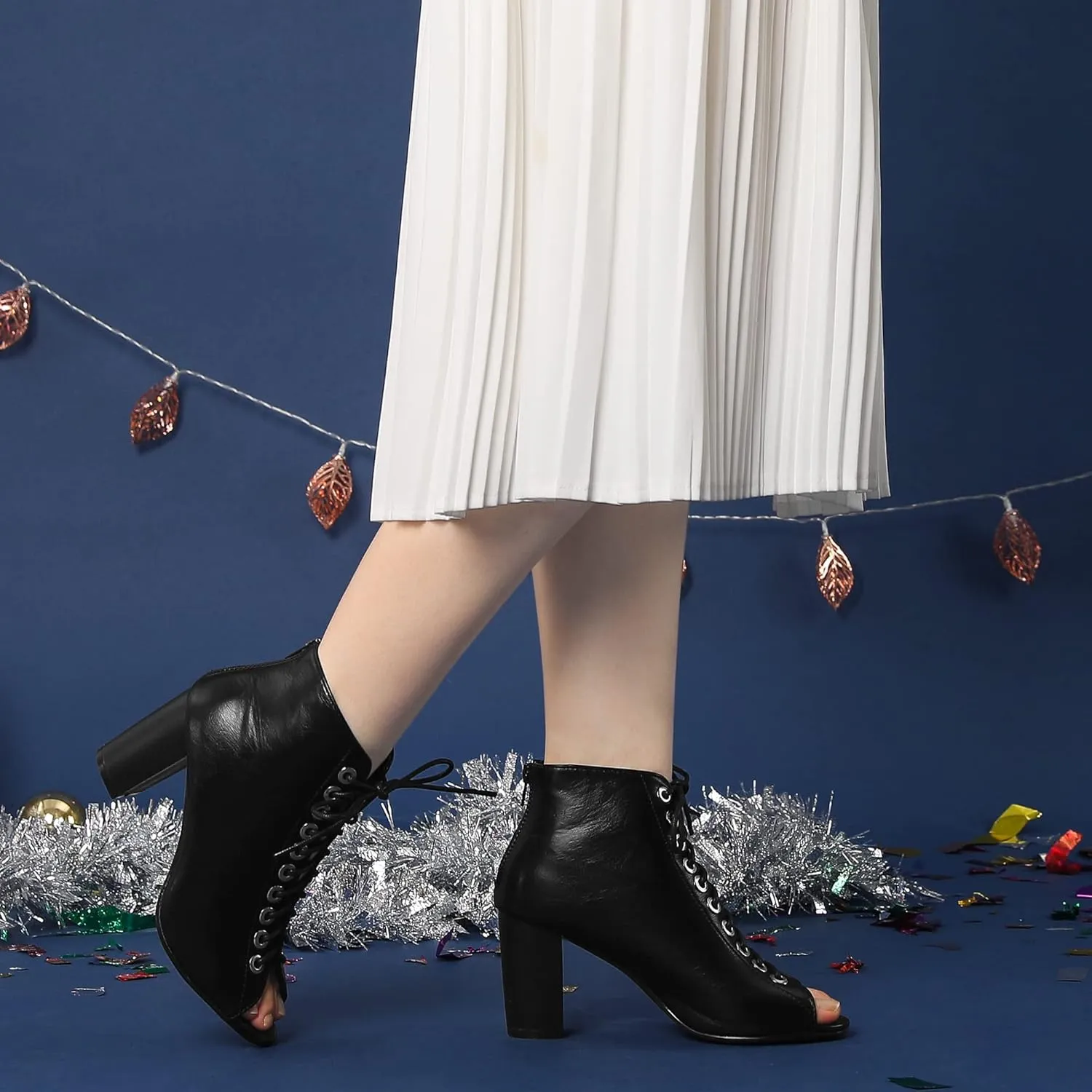 Perphy Peep Toe Lace Up Chunky Heel Ankle Boots for Women