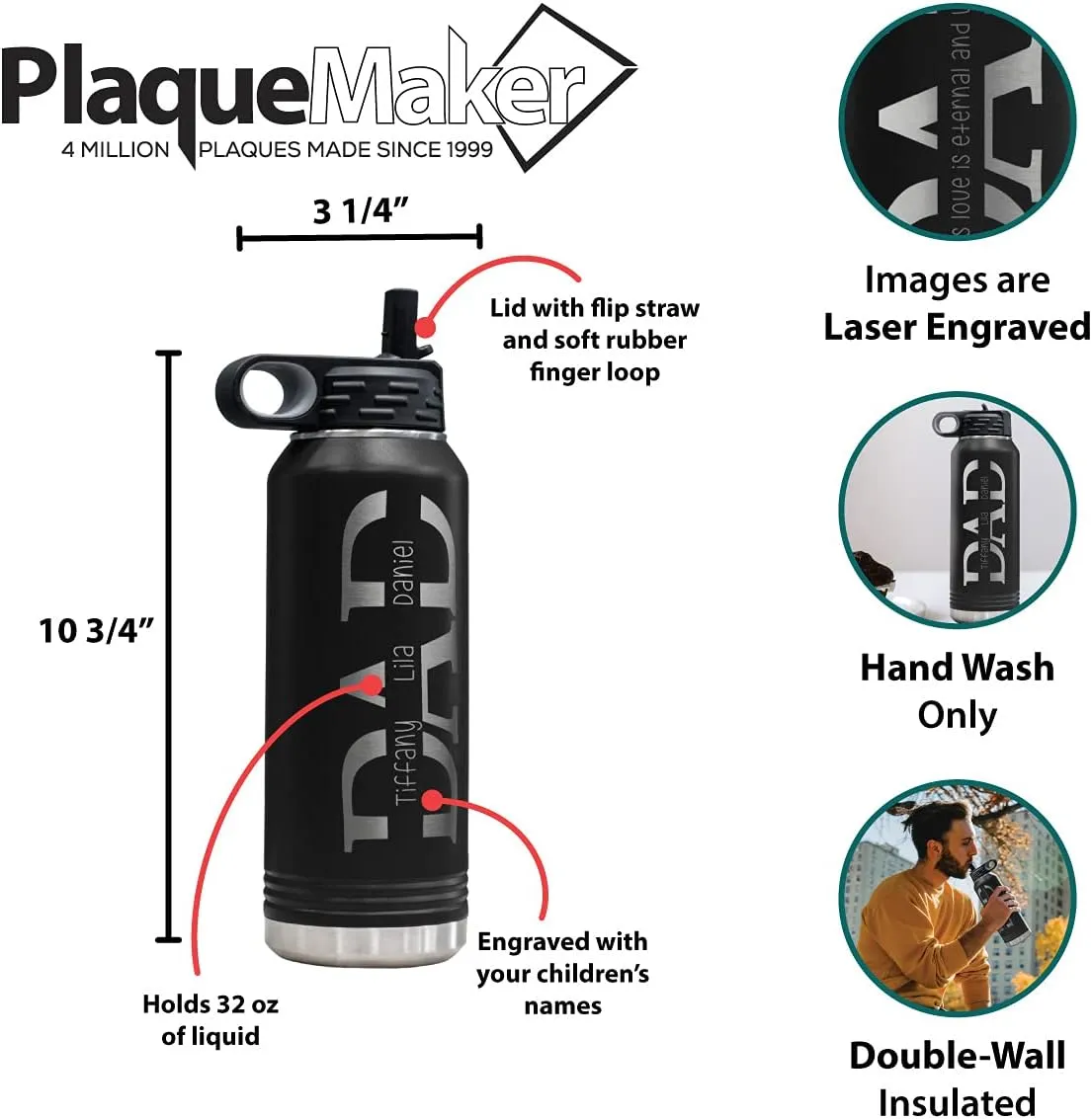 PlaqueMaker 32-oz Stainless Steel Customized Water Bottle For Dad- Includes Kids Names- Great for Father's Day, Christmas, His Birthday, or Just Because - Select from a Variety of Colors (Black)