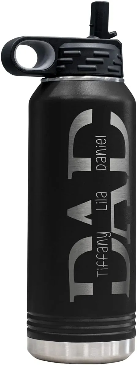 PlaqueMaker 32-oz Stainless Steel Customized Water Bottle For Dad- Includes Kids Names- Great for Father's Day, Christmas, His Birthday, or Just Because - Select from a Variety of Colors (Black)