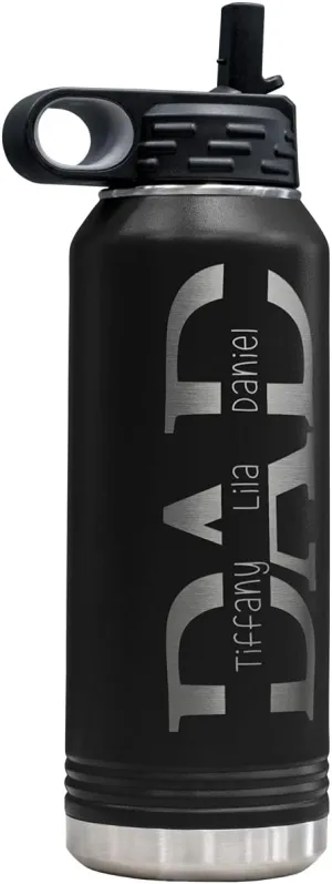PlaqueMaker 32-oz Stainless Steel Customized Water Bottle For Dad- Includes Kids Names- Great for Father's Day, Christmas, His Birthday, or Just Because - Select from a Variety of Colors (Black)