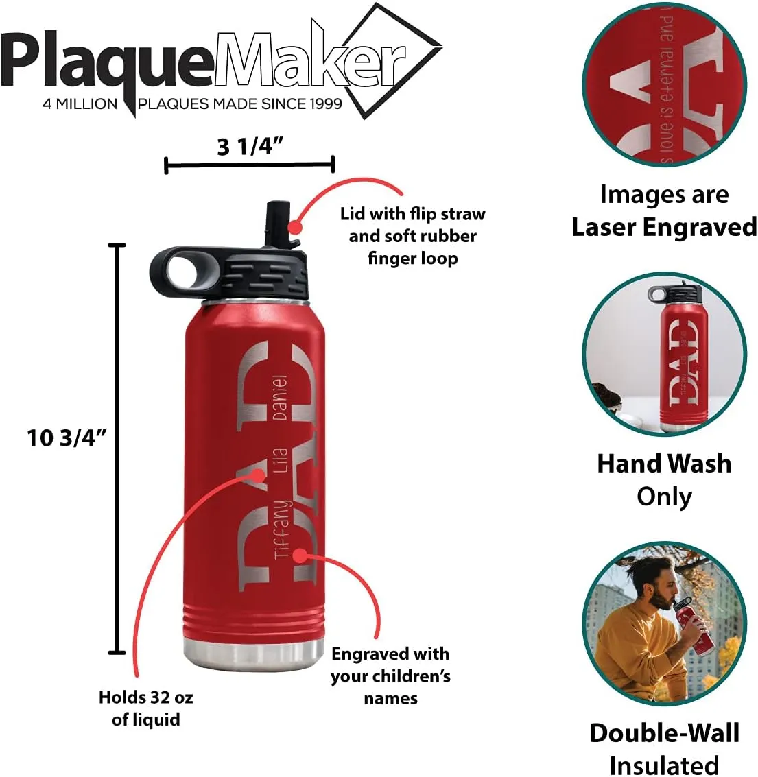 PlaqueMaker 32-oz Stainless Steel Customized Water Bottle For Dad- Includes Kids Names- Great for Father's Day, Christmas, His Birthday, or Just Because - Select from a Variety of Colors (Red)
