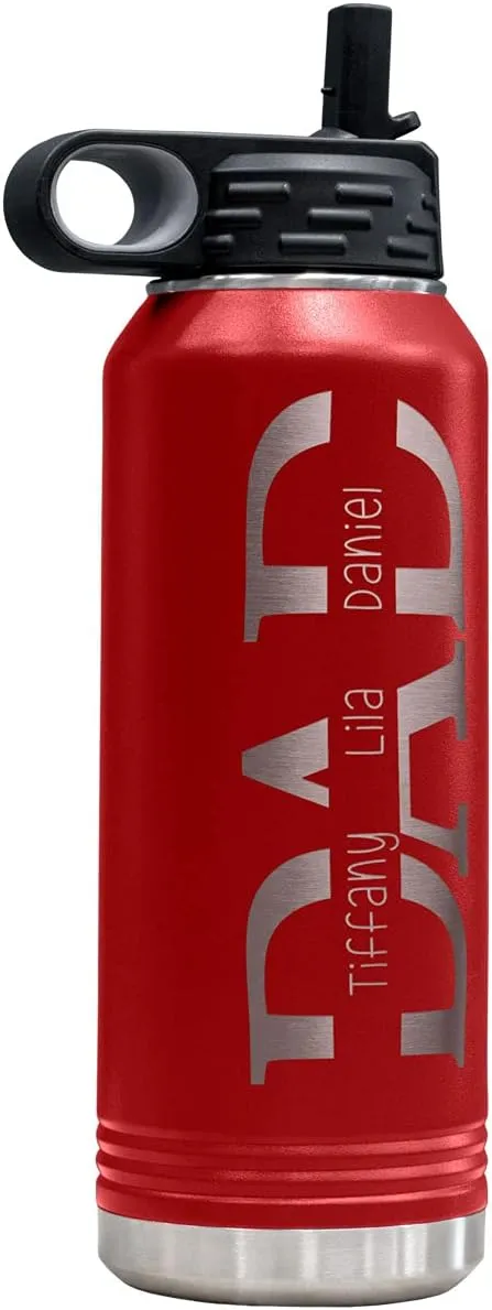 PlaqueMaker 32-oz Stainless Steel Customized Water Bottle For Dad- Includes Kids Names- Great for Father's Day, Christmas, His Birthday, or Just Because - Select from a Variety of Colors (Red)