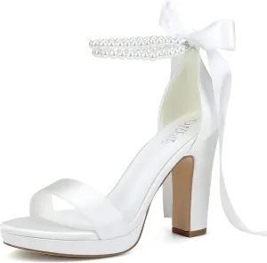 Platform Heels Wedding Shoes for Bride Pearl Heels Open Toe Bridal Shoes Wedding Heeled Sandals