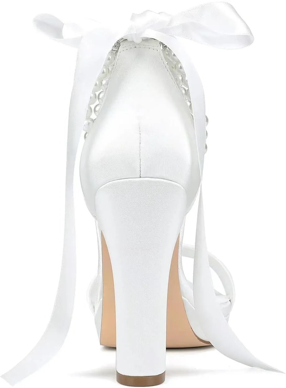 Platform Heels Wedding Shoes for Bride Pearl Heels Open Toe Bridal Shoes Wedding Heeled Sandals