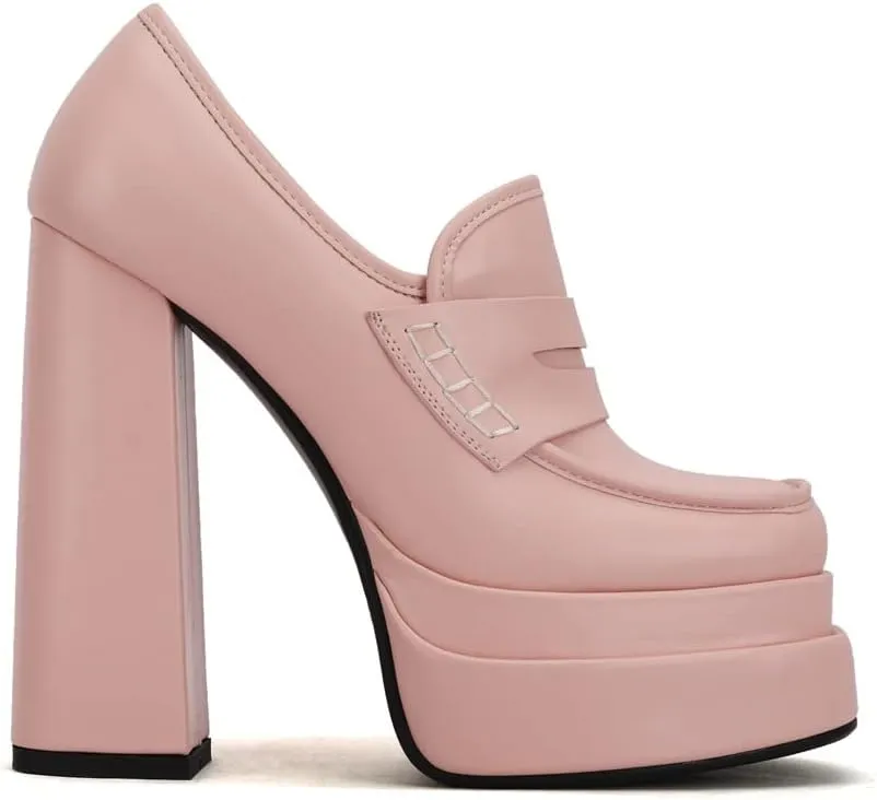 Platform Loafers High Block Heeled Mary Janes for Women Ladies Comfortable Chunky Dress Slip On Square Toe Shoes