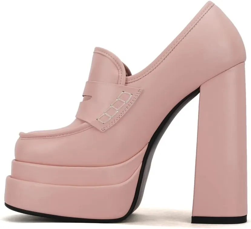 Platform Loafers High Block Heeled Mary Janes for Women Ladies Comfortable Chunky Dress Slip On Square Toe Shoes